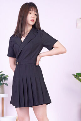Fine Notch Collar Pleated Front Overlay Wrap Playsuit (Black)